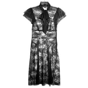 Trina Turk Black Sheer Lace Neck Bow Flutter Sleeve Midi Dress Size 2